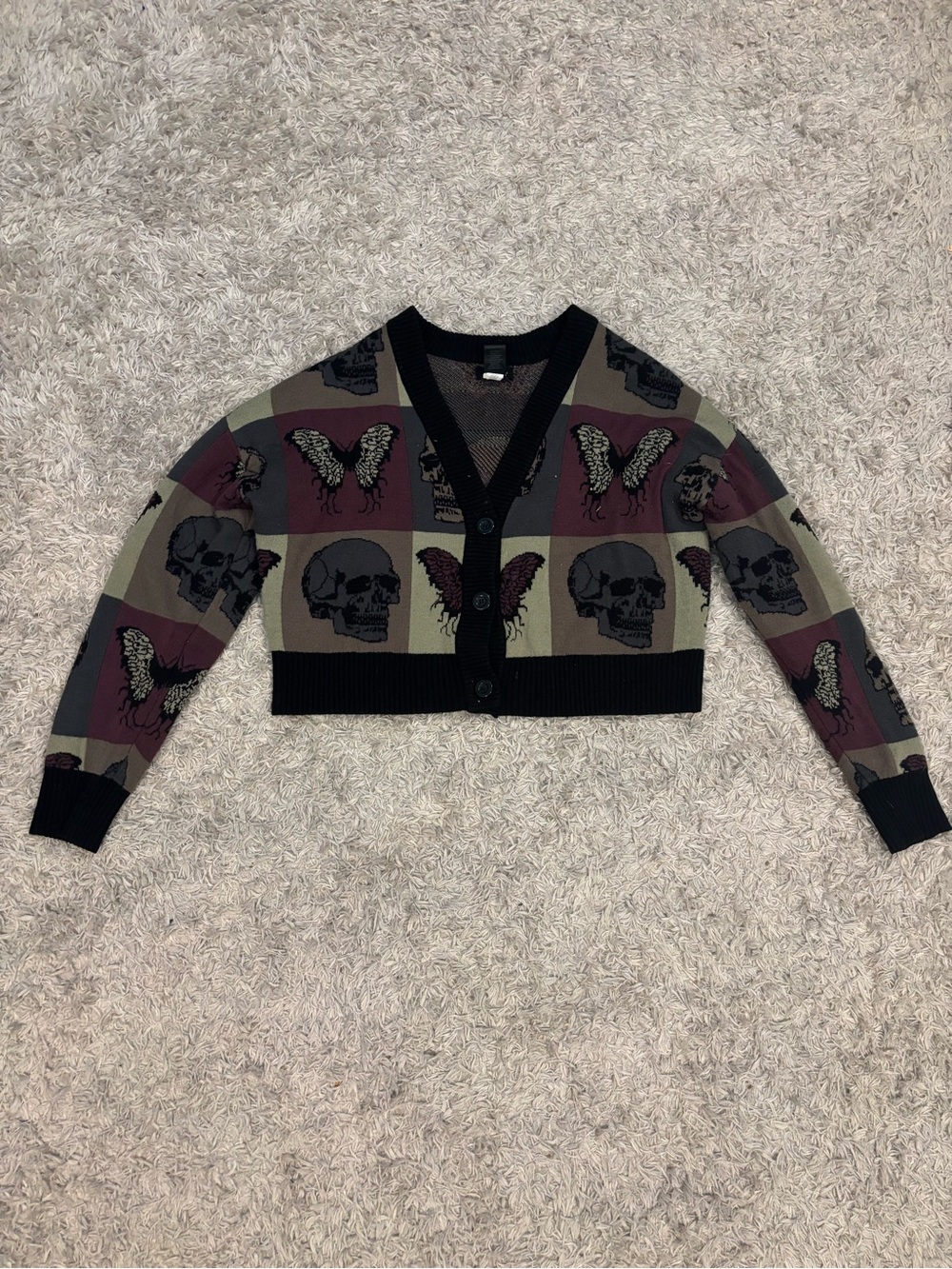 Skull & Butterfly V-Neck Cropped Cardigan in Olive and Burgundy